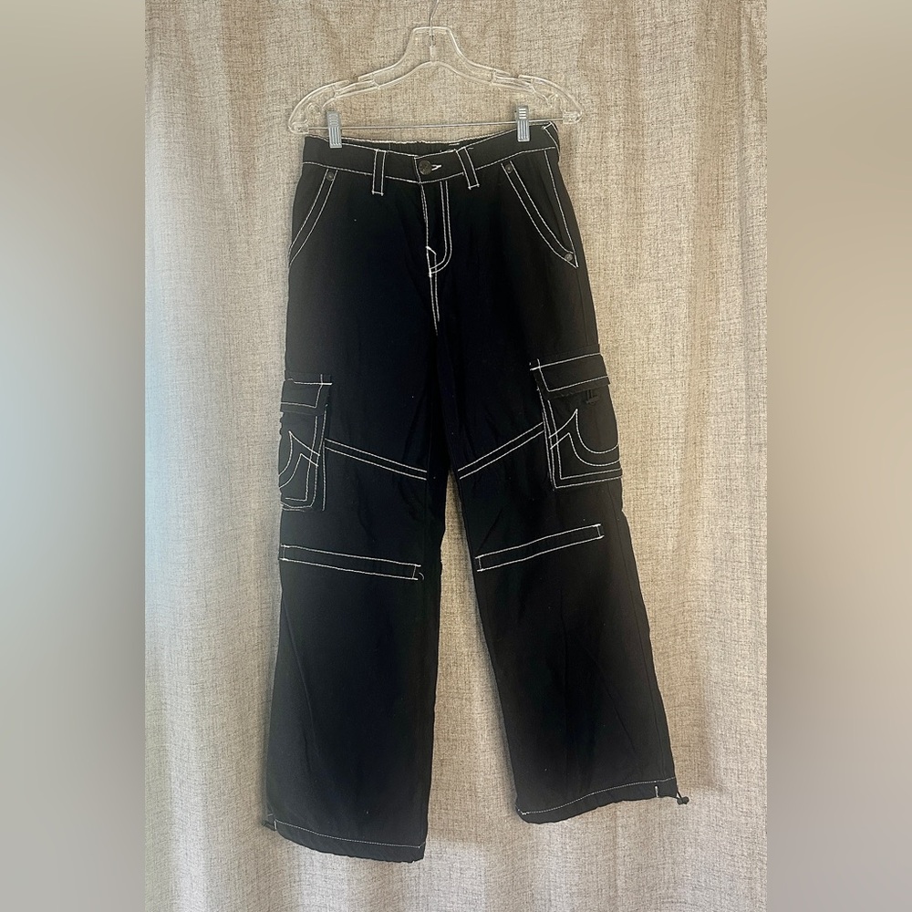 True Religion Black Cargo Pants with White Stitching